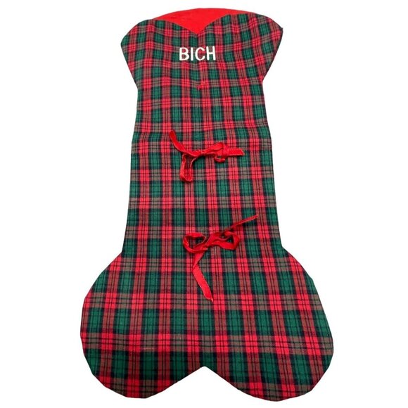 overly raker dog bone Christmas stocking plaid red green bich bows 16" READ - Picture 1 of 5